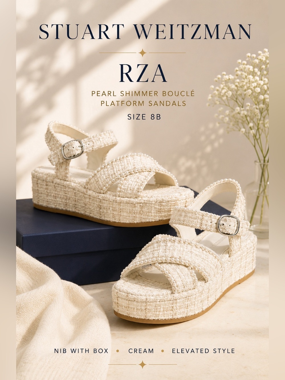 Stuart Weitzman RZA Pearl Shimmer Bouclé Platform Sandals Cream Size 8B